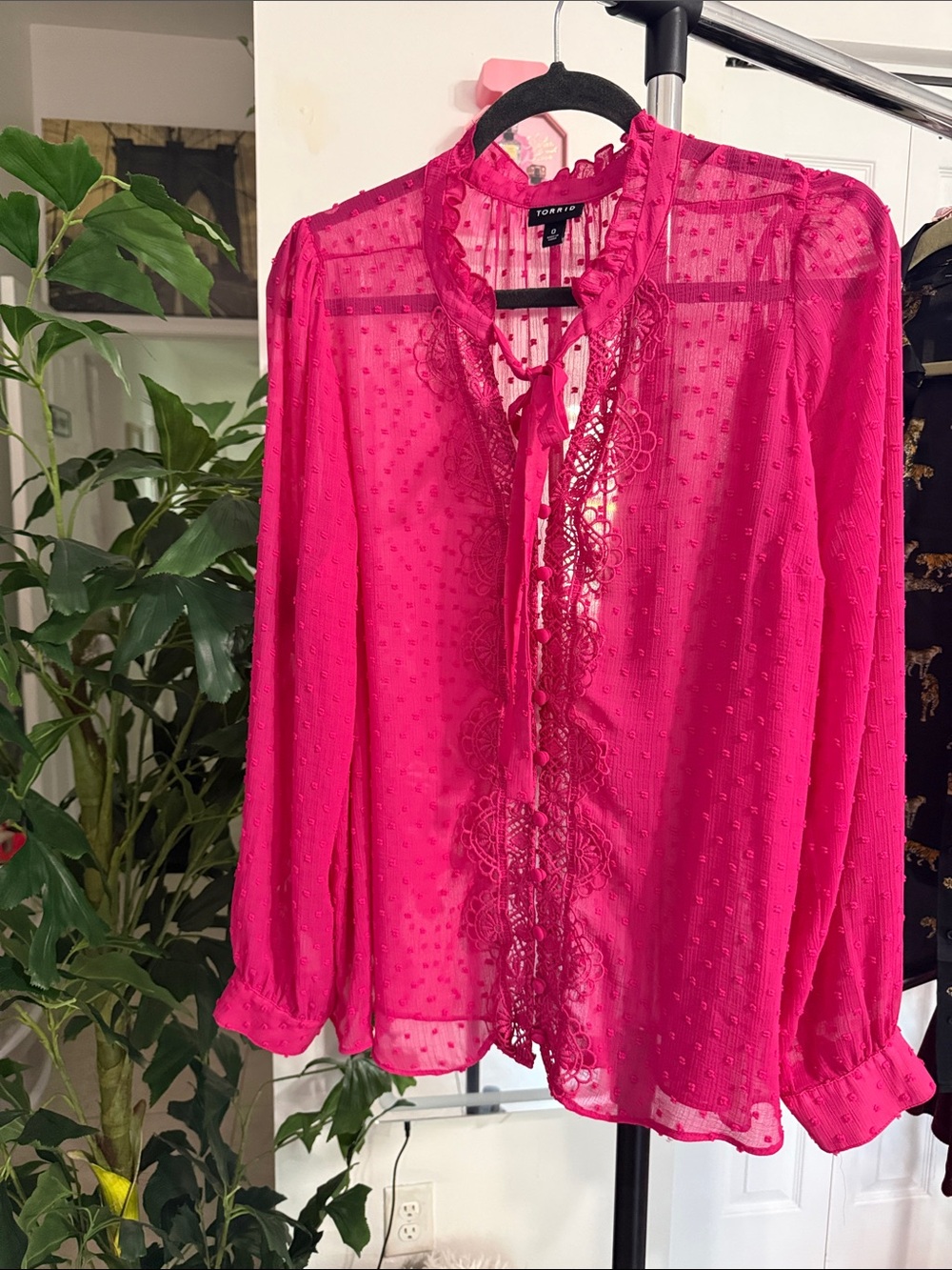 torrid Hot Pink Sheer Lace-Trim Button-Down Blouse